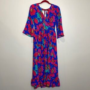 Blue Floral Open Back Midi Dress